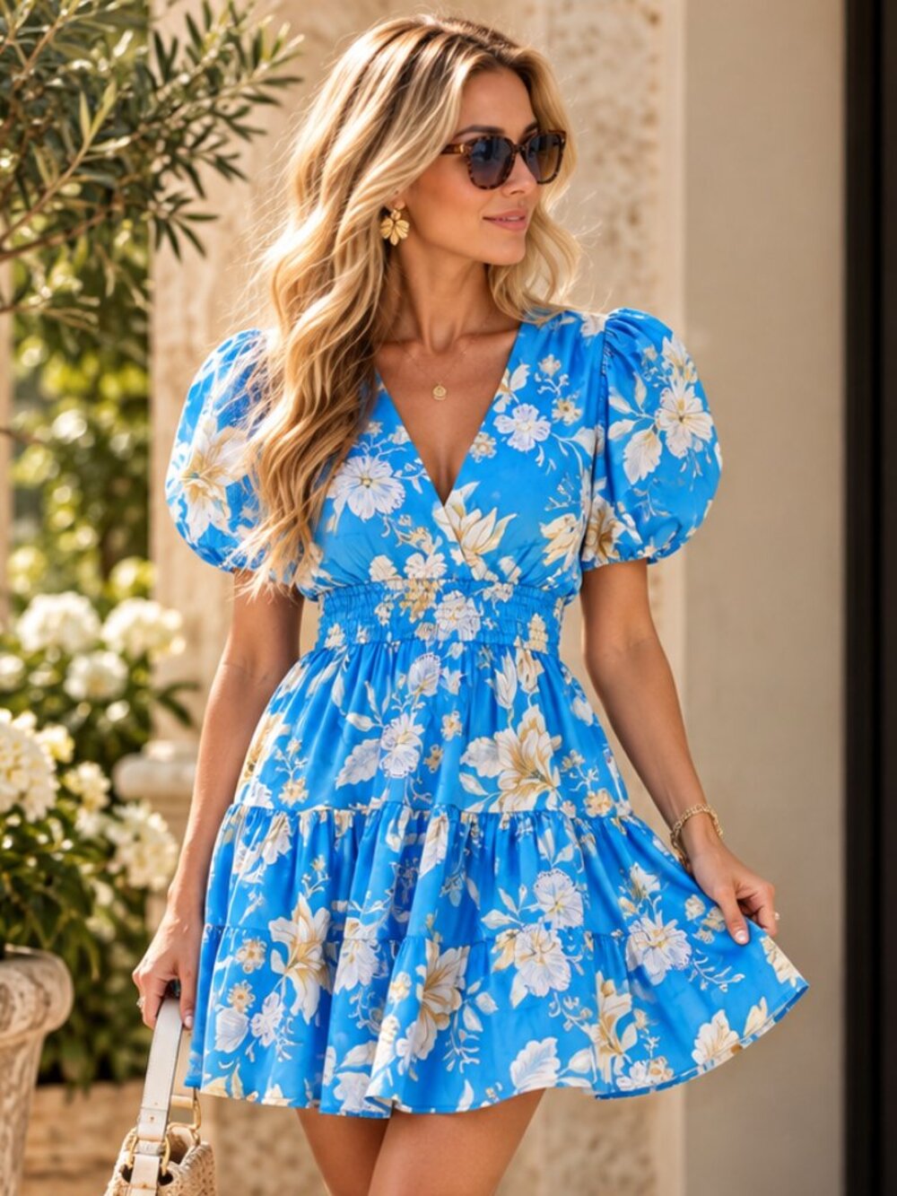 MINKPINK Zinnia Blue Floral Puff Sleeve Smocked Mini Dress NWT Size Small
